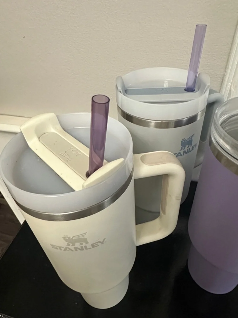 Bundle of 3 Stanley 40oz Travel Mugs in Purple, Cream & Gray with Handles - Picture 3 of 4